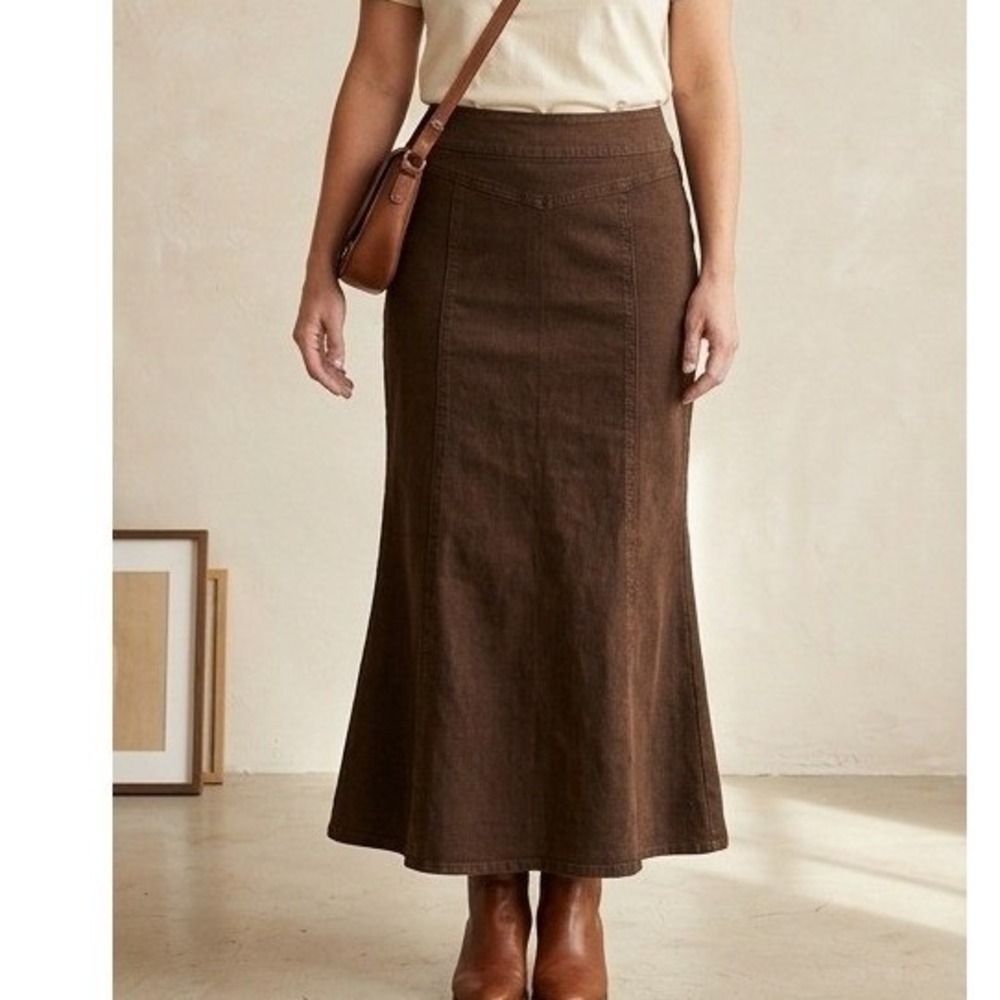 New York Clothing Co Brown Denim Mermaid Maxi Skirt Stretchy Paneled Size 10 - Picture 1 of 7